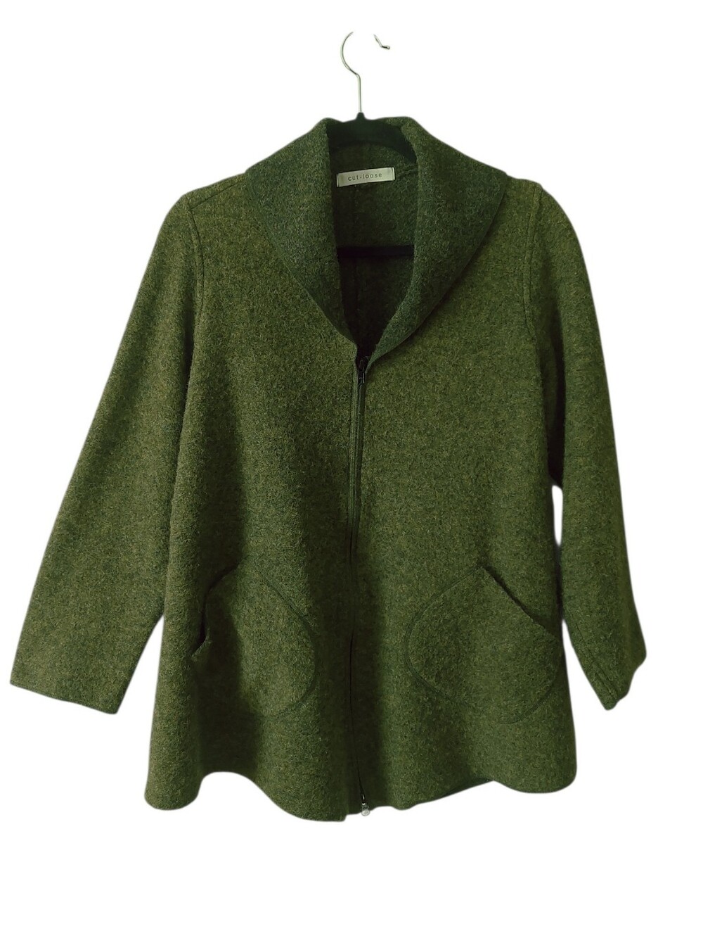 Cut Loose Women Slouchy Zip-Up Wool Cardigan Jacket Green Layering Shawl Collar